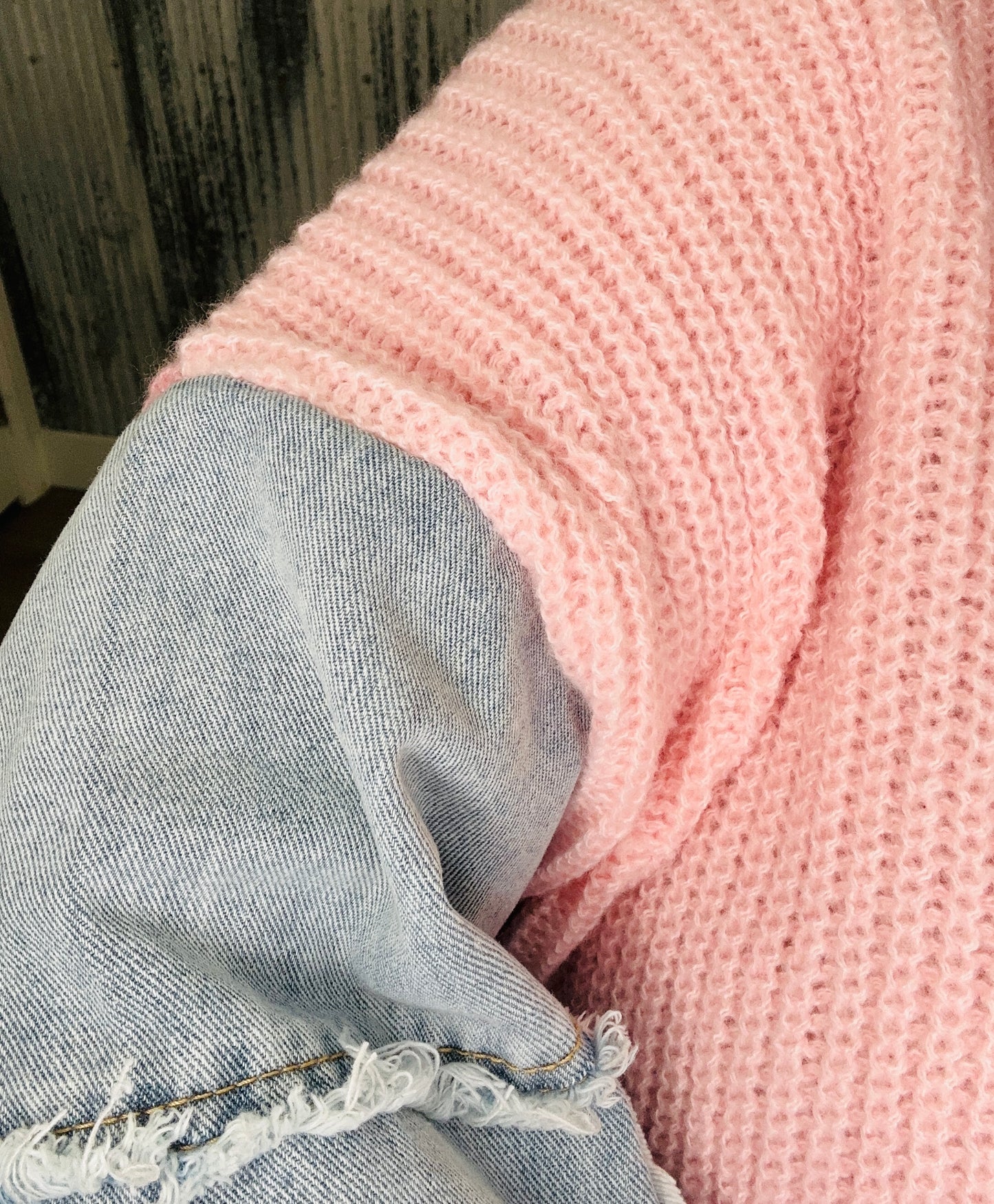 Blush Sweater with Frayed Denim Sleeves