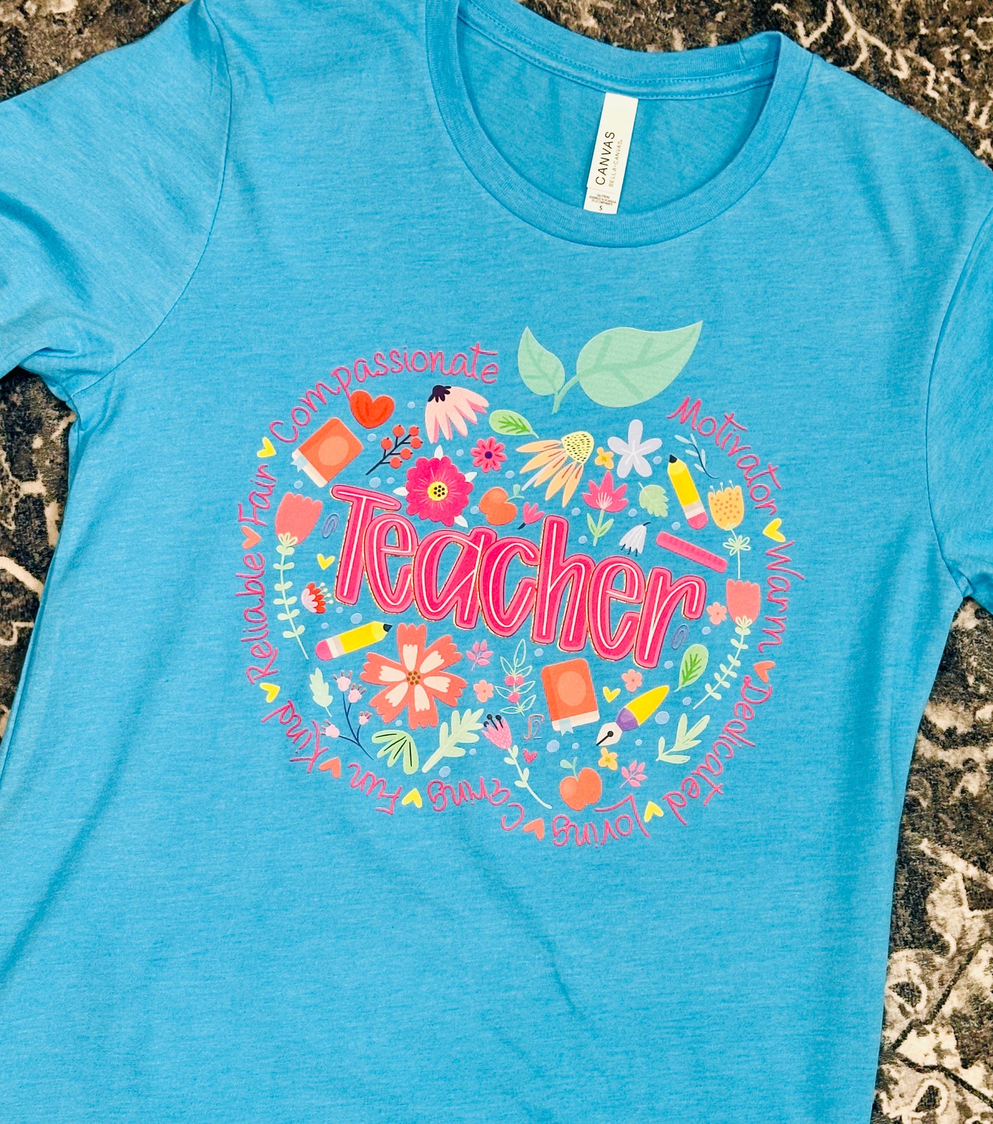 “Teacher” Floral Apple Graphic Tee – Teal