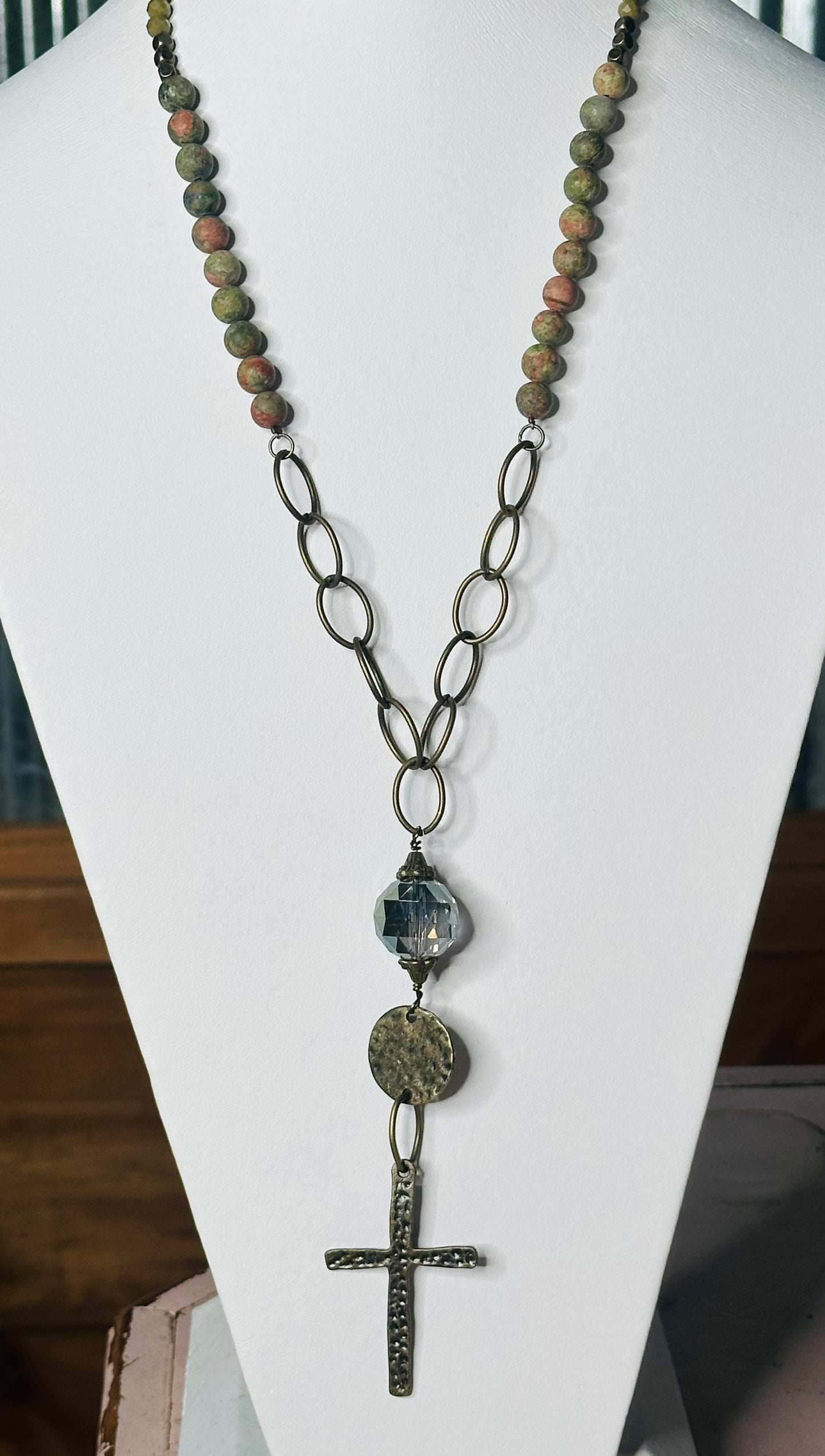 Olive Bead Necklace w/Hammered Disc & Cross