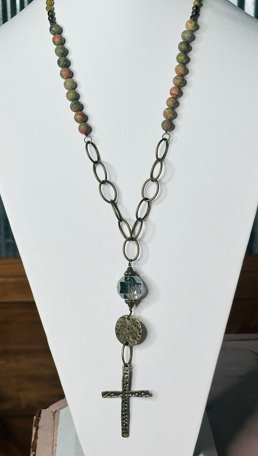 Olive Bead Necklace w/Hammered Disc & Cross