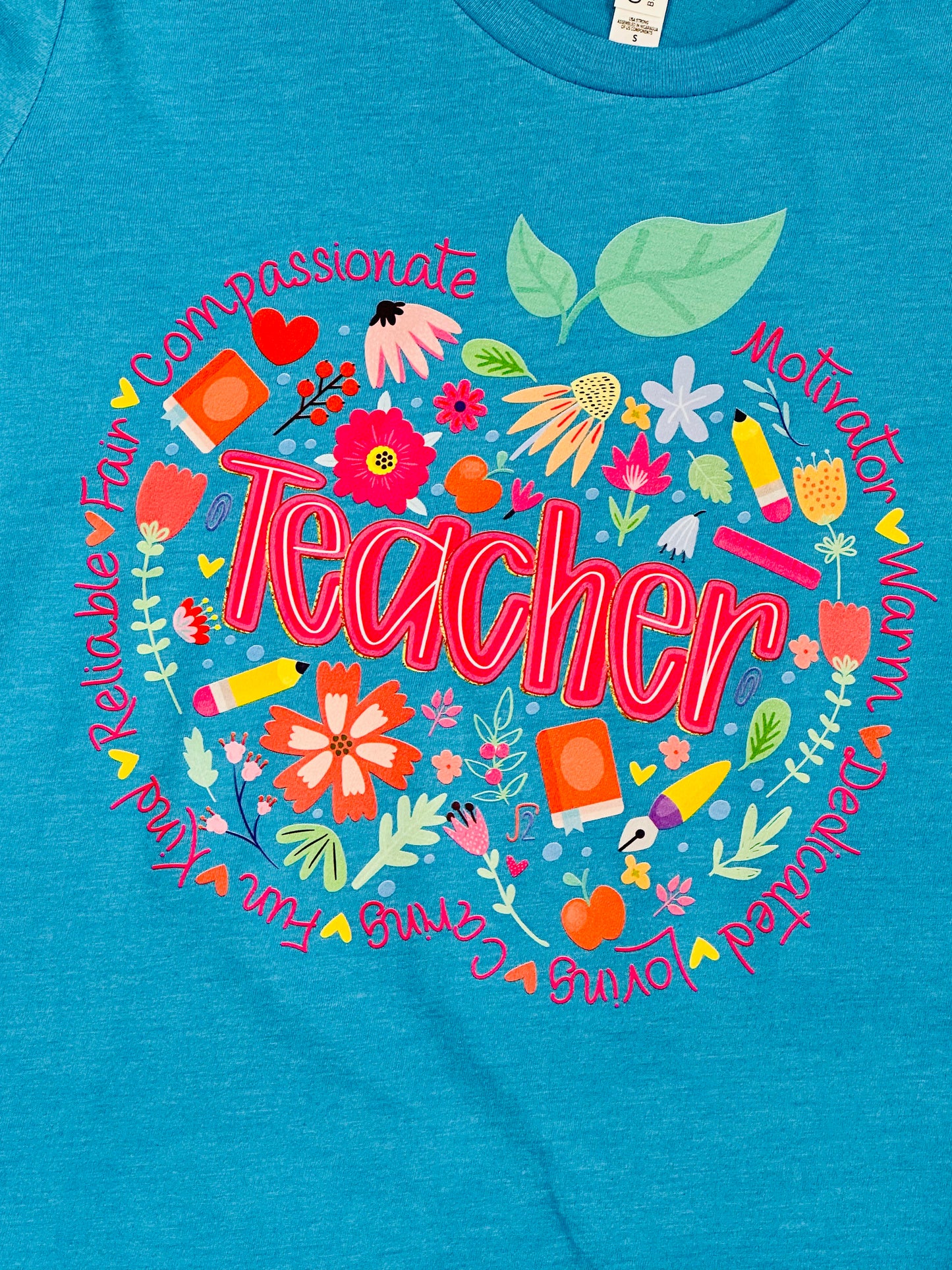 “Teacher” Floral Apple Graphic Tee – Teal