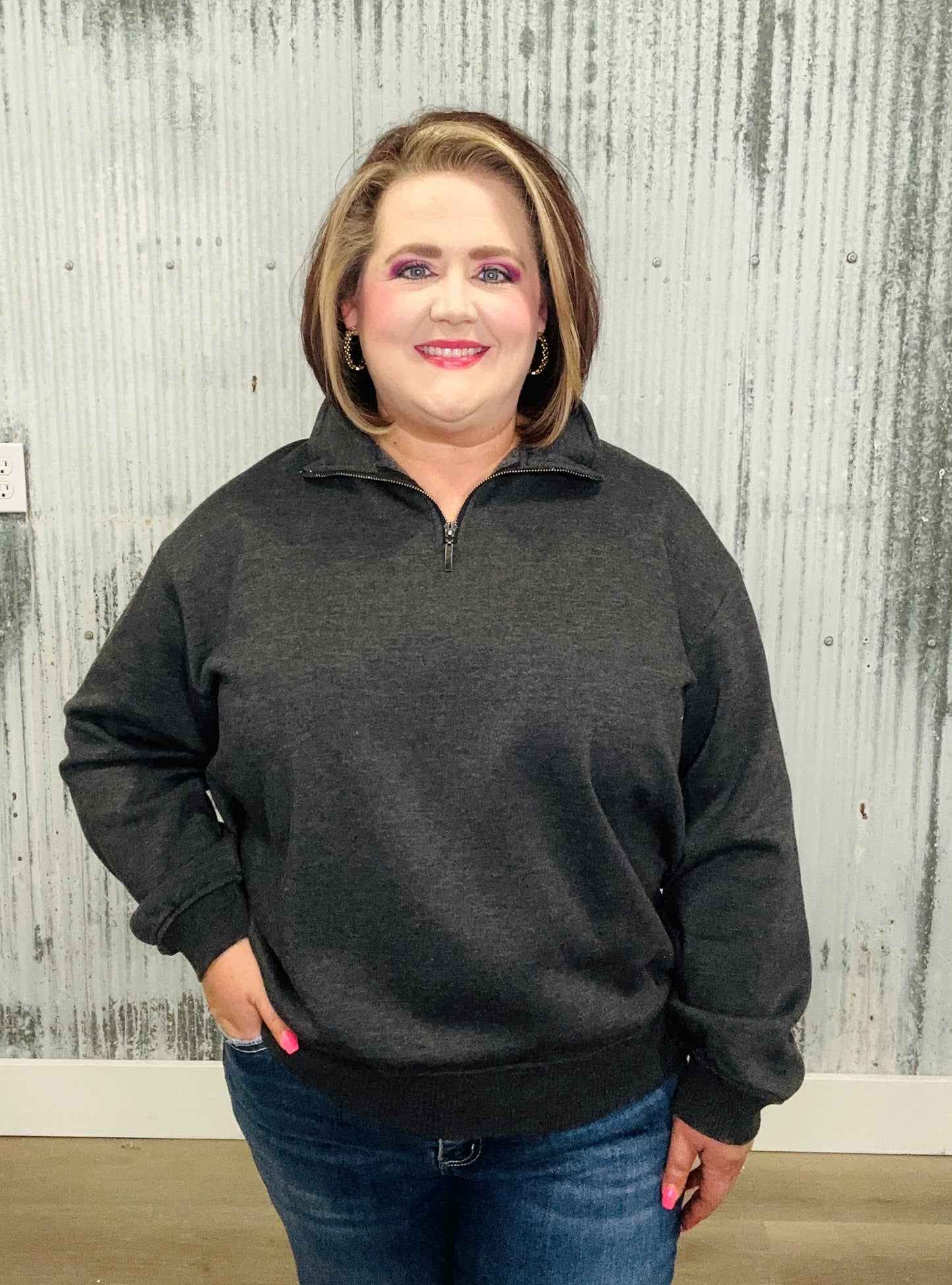 Acid Washed Fleece Half Zip Pullover-Black