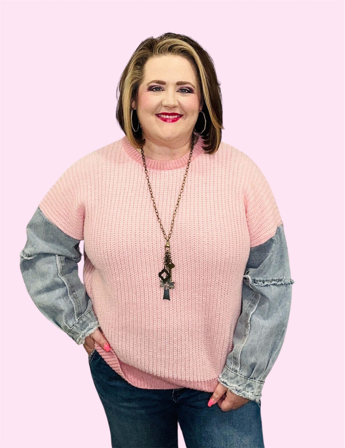 Blush Sweater with Frayed Denim Sleeves