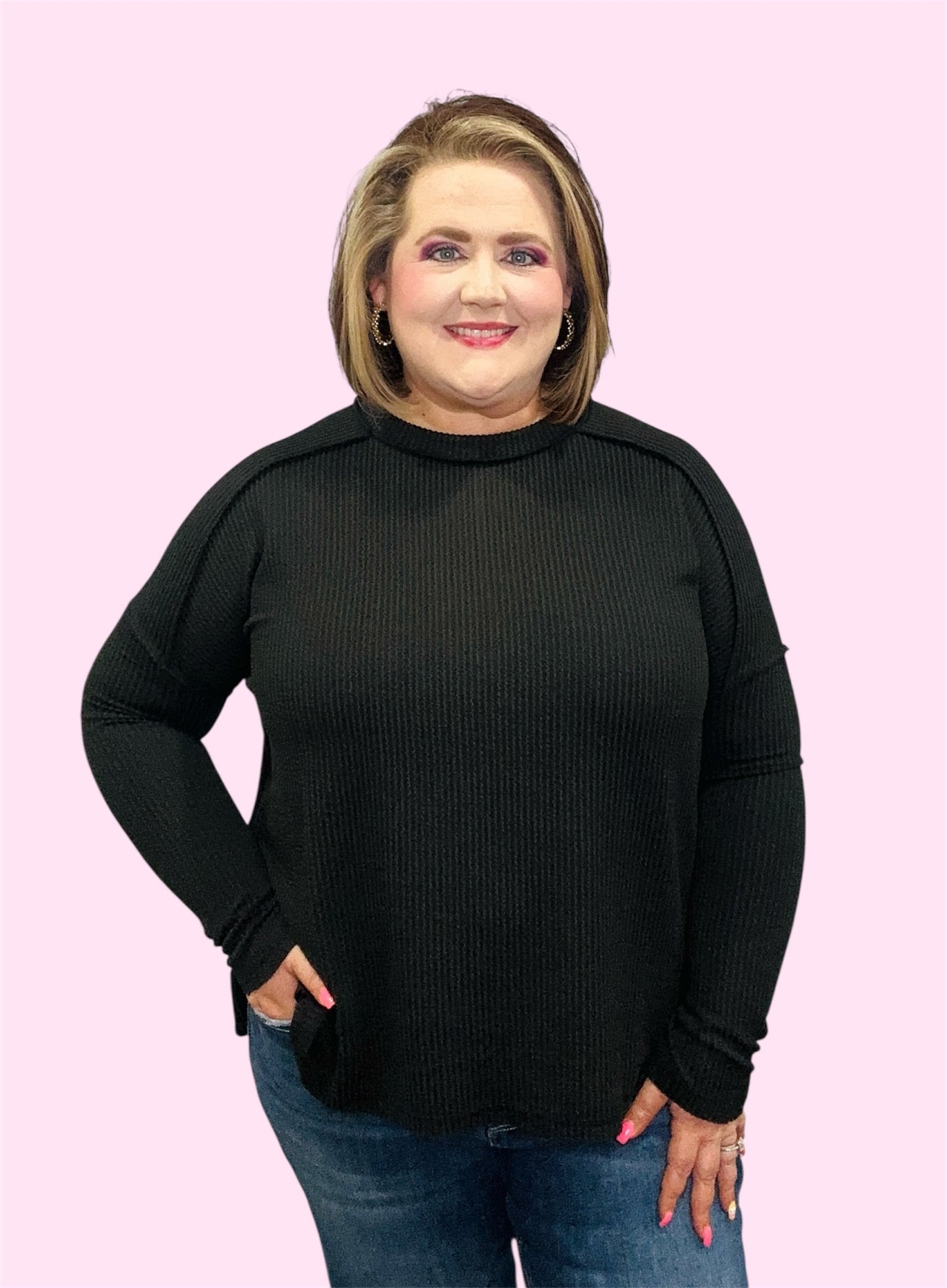 Black Ribbed Long Sleeve Top