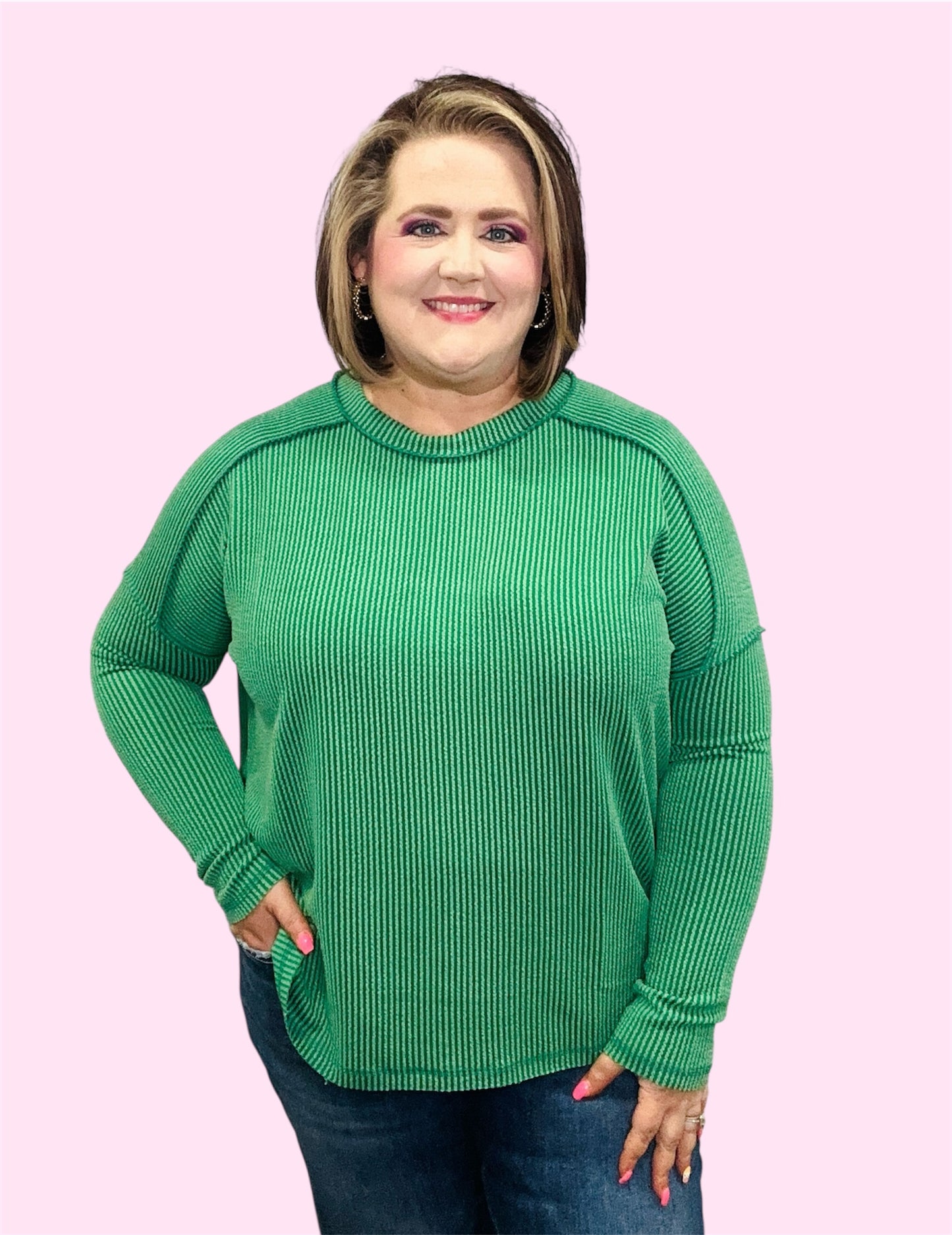 Dark Green Ribbed Long Sleeve Top