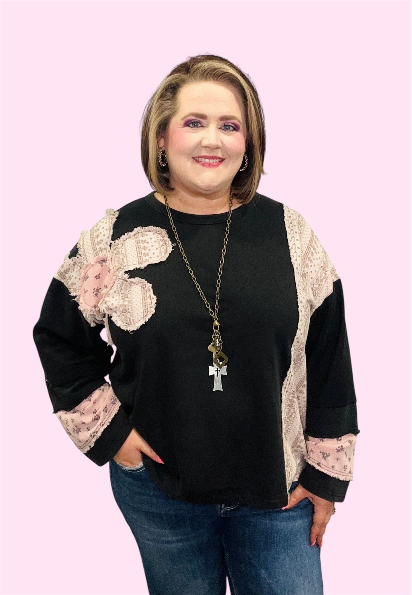 French Terry Floral Patchwork Top