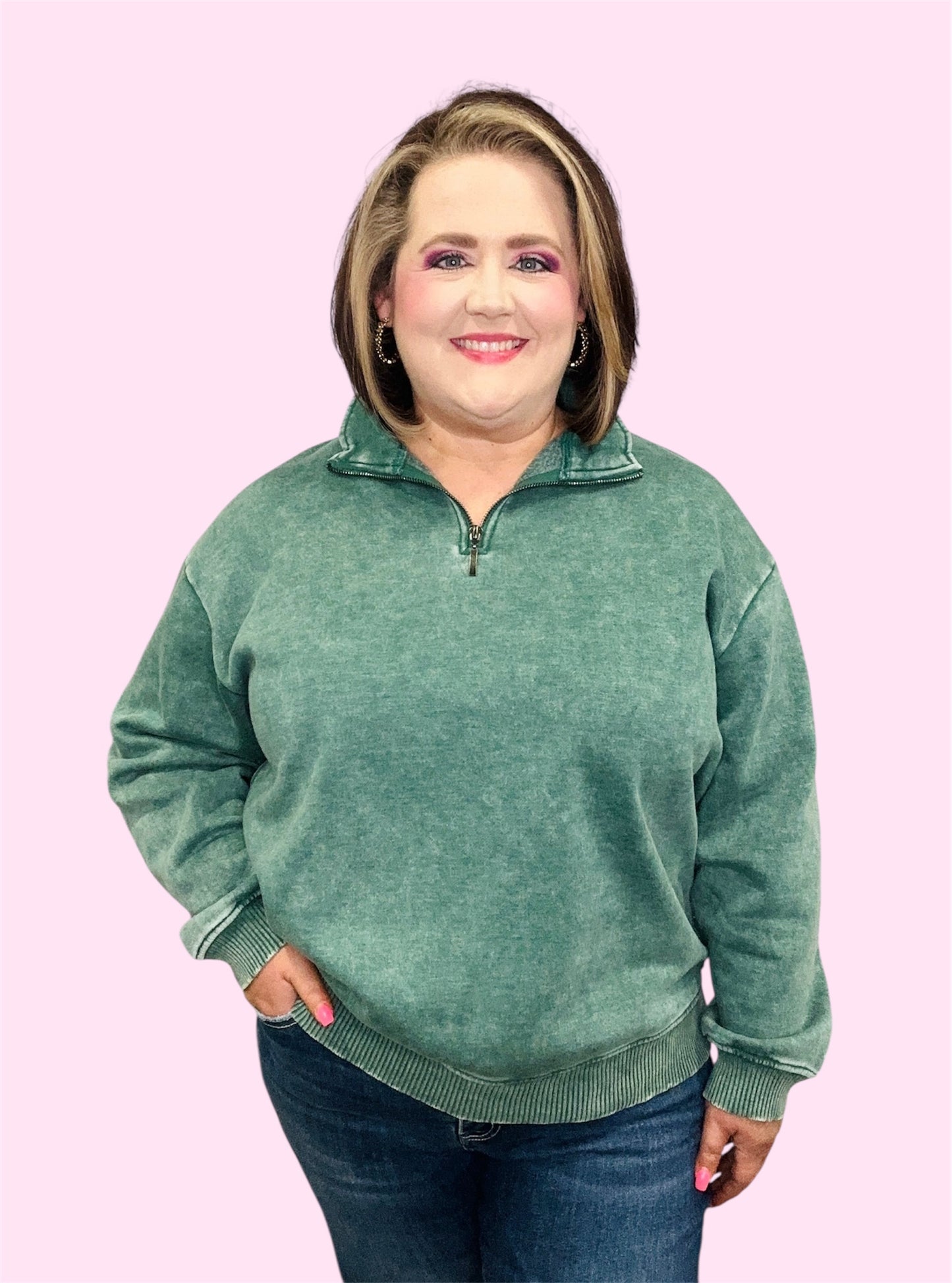 Acid Washed Fleece Half Zip Pullover-Green
