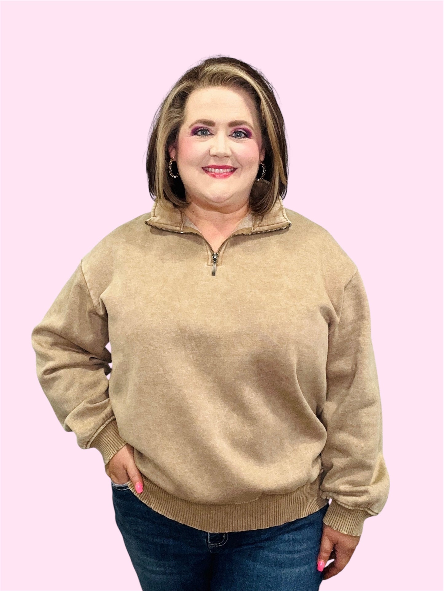 Acid Washed Fleece Half Zip Pullover-Camel