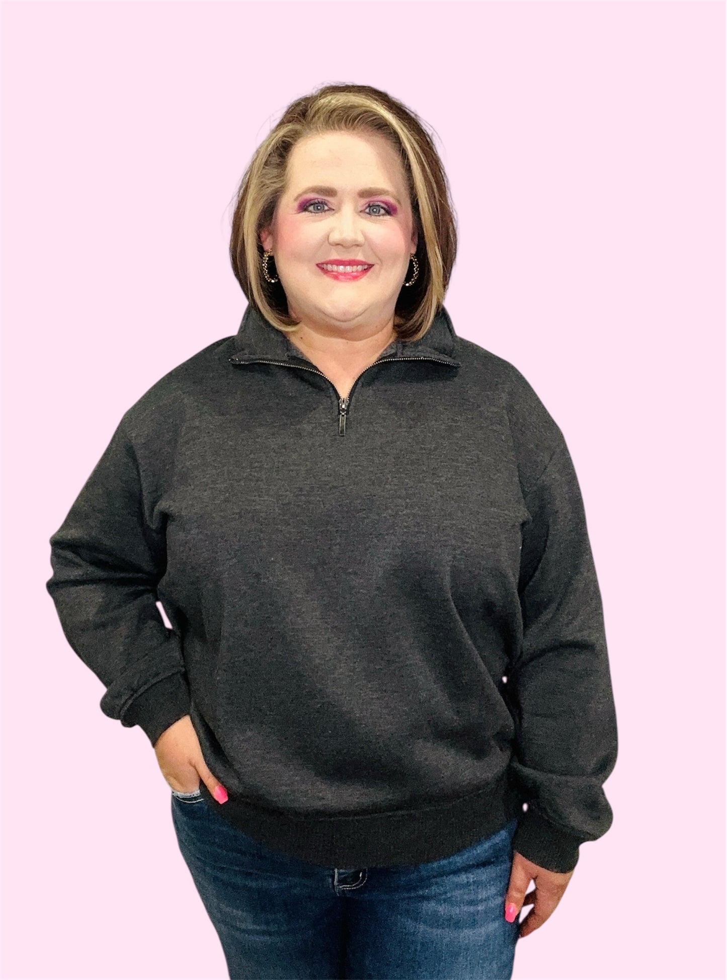 Acid Washed Fleece Half Zip Pullover-Black