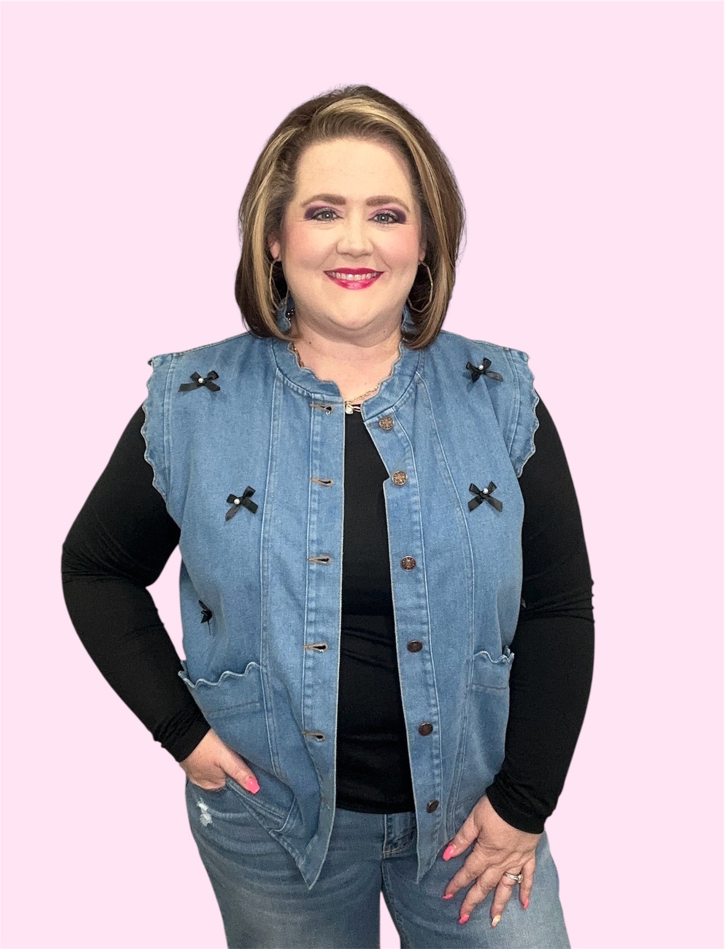 Acid Washed Denim Vest with Bow Accents