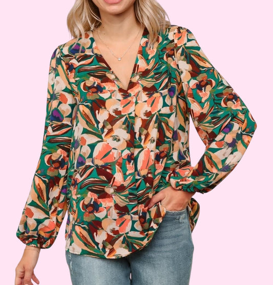 V-Neck Jewel Tone Floral Top