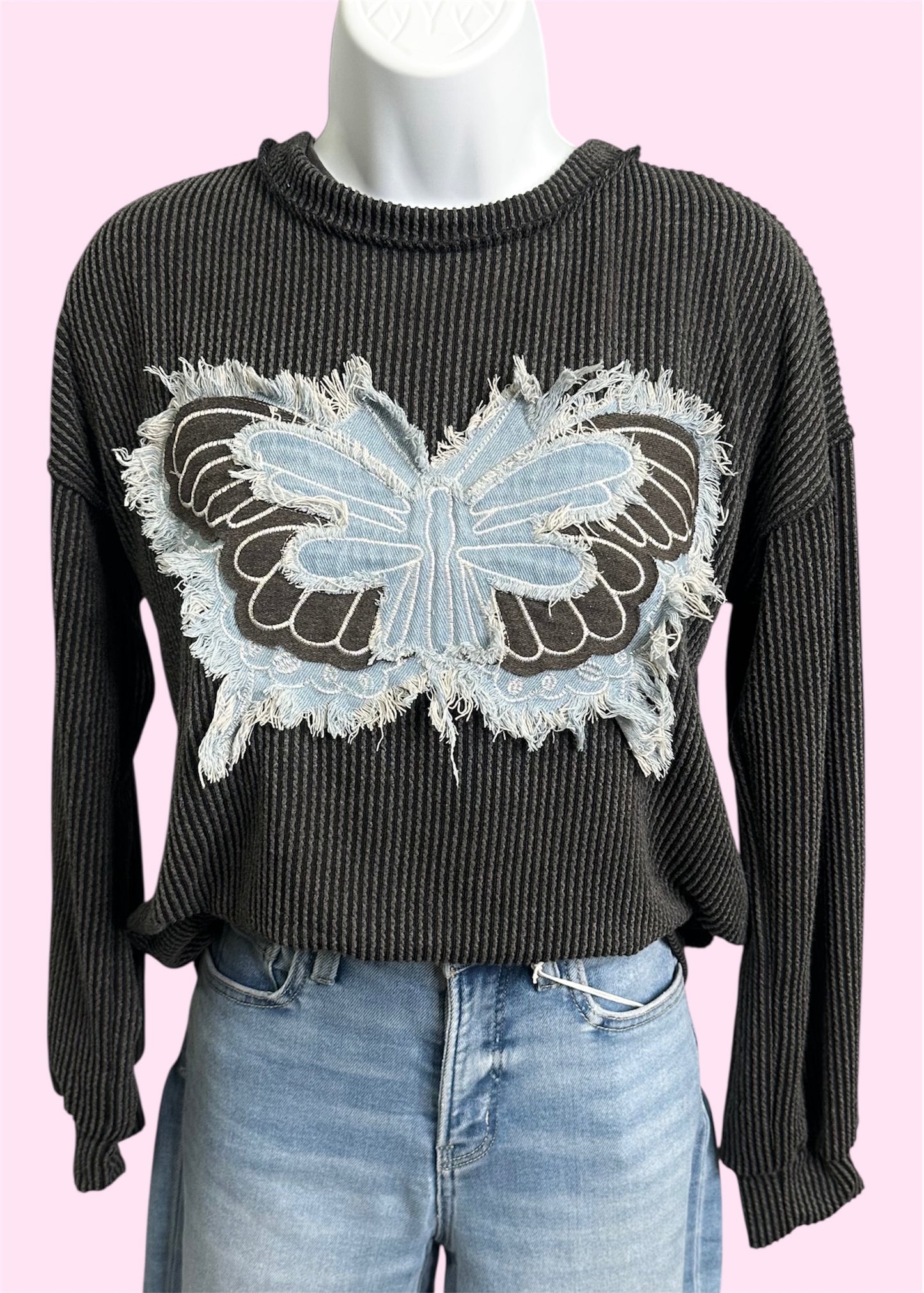 Charcoal Ribbed Butterfly Patch Top