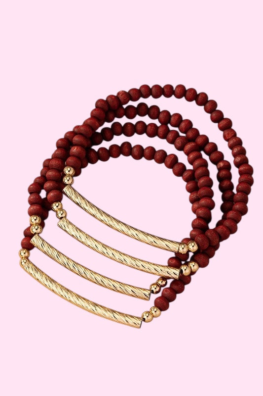 Wood & Gold Accent Bracelet Set- Burgundy