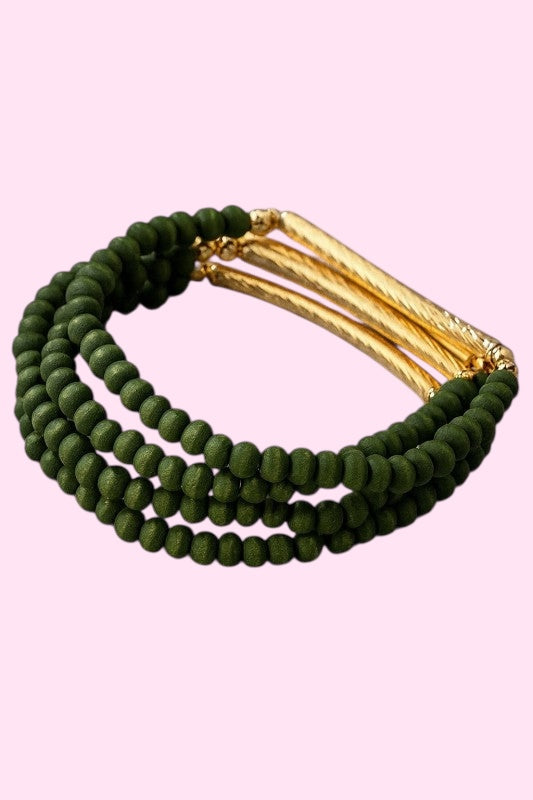 Wood & Gold Accent Bracelet Set- Green