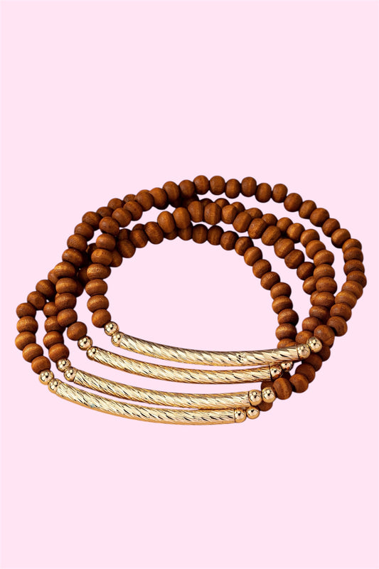Wood & Gold Accent Bracelet Set- Brown