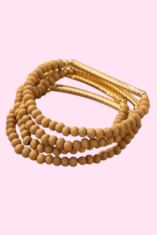 Wood & Gold Accent Bracelet Set- Camel