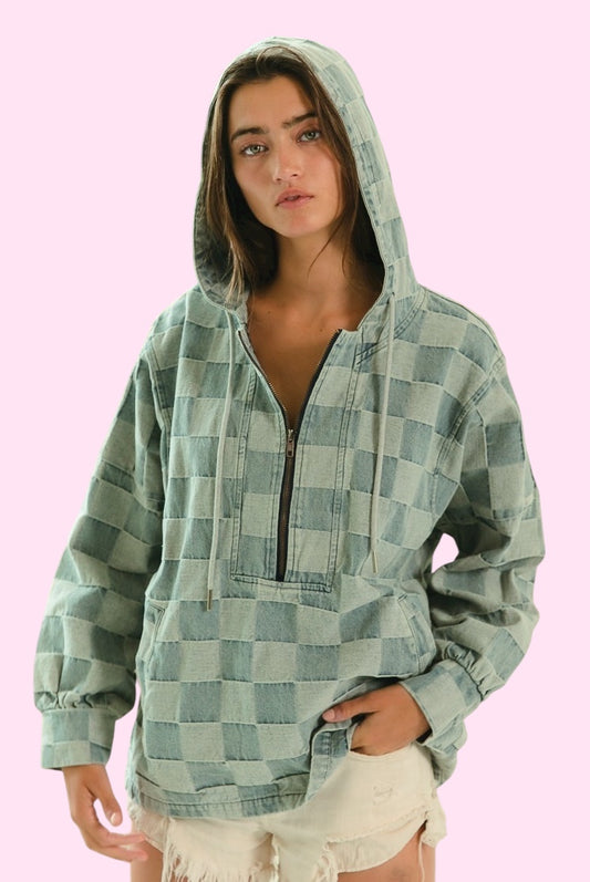 Washed Denim Check Hoodie