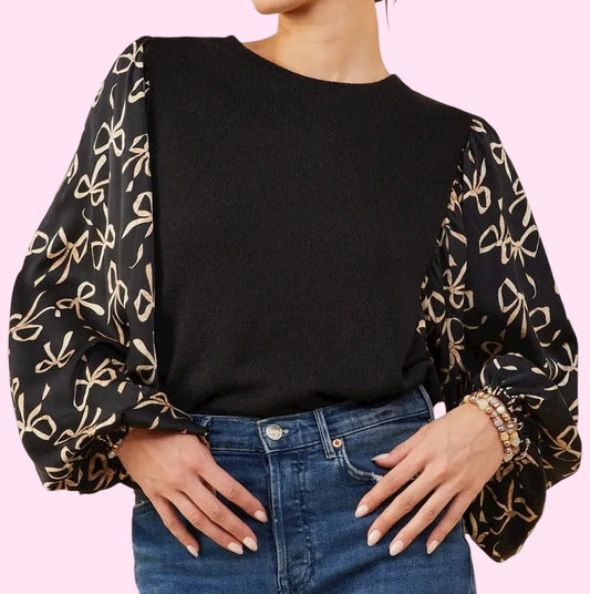 Black Pullover With Bow Print Sleeve