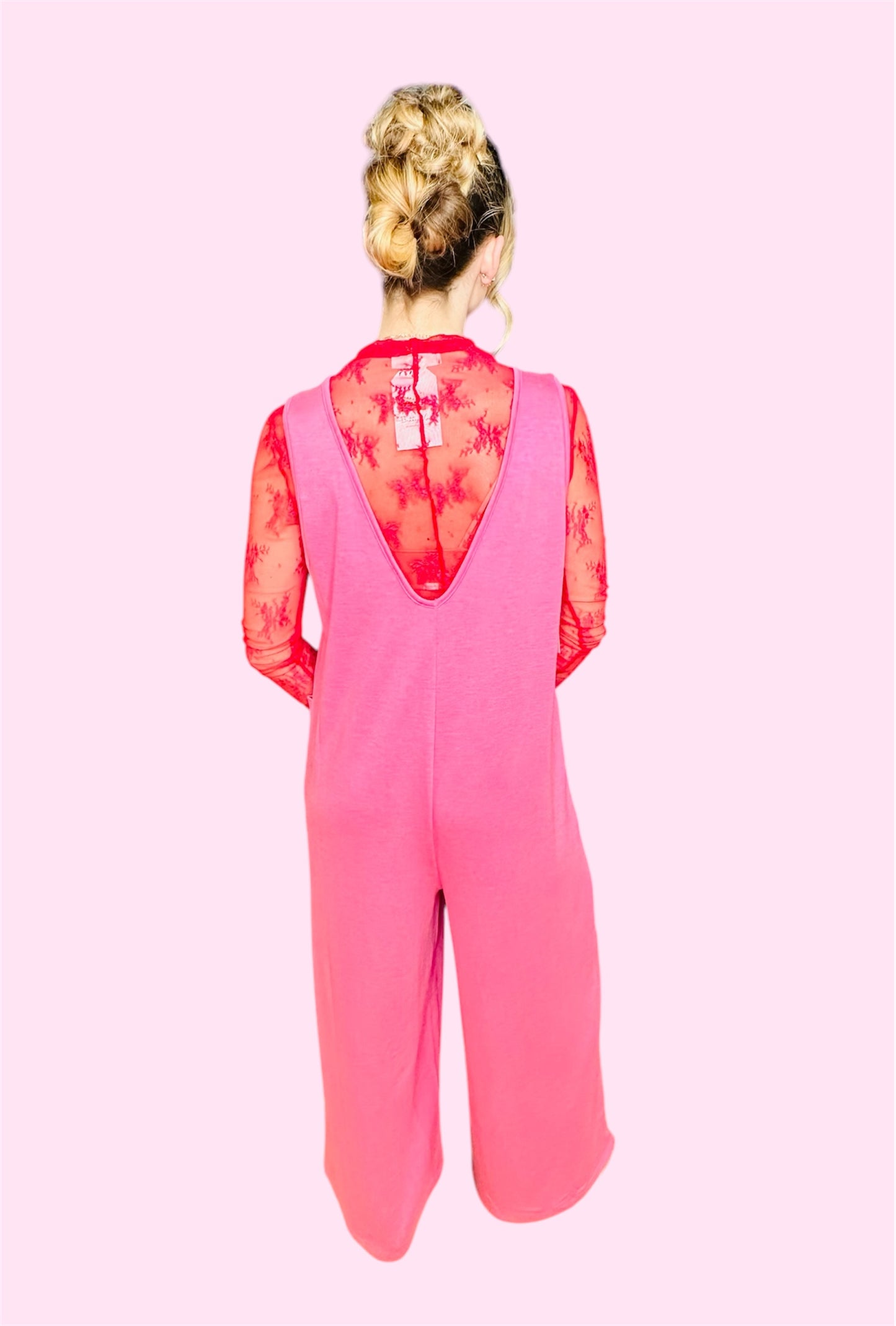 French Terry Deep V-Neck Jumpsuit-Fuchsia
