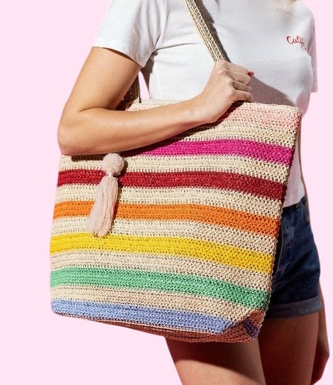 Multicolor Stripe Straw Bag-Pink