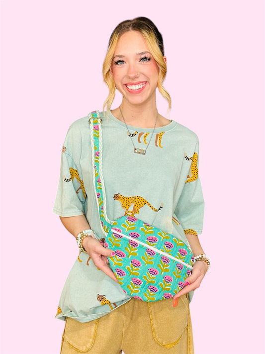 Turquoise Floral Quilted Crossbody