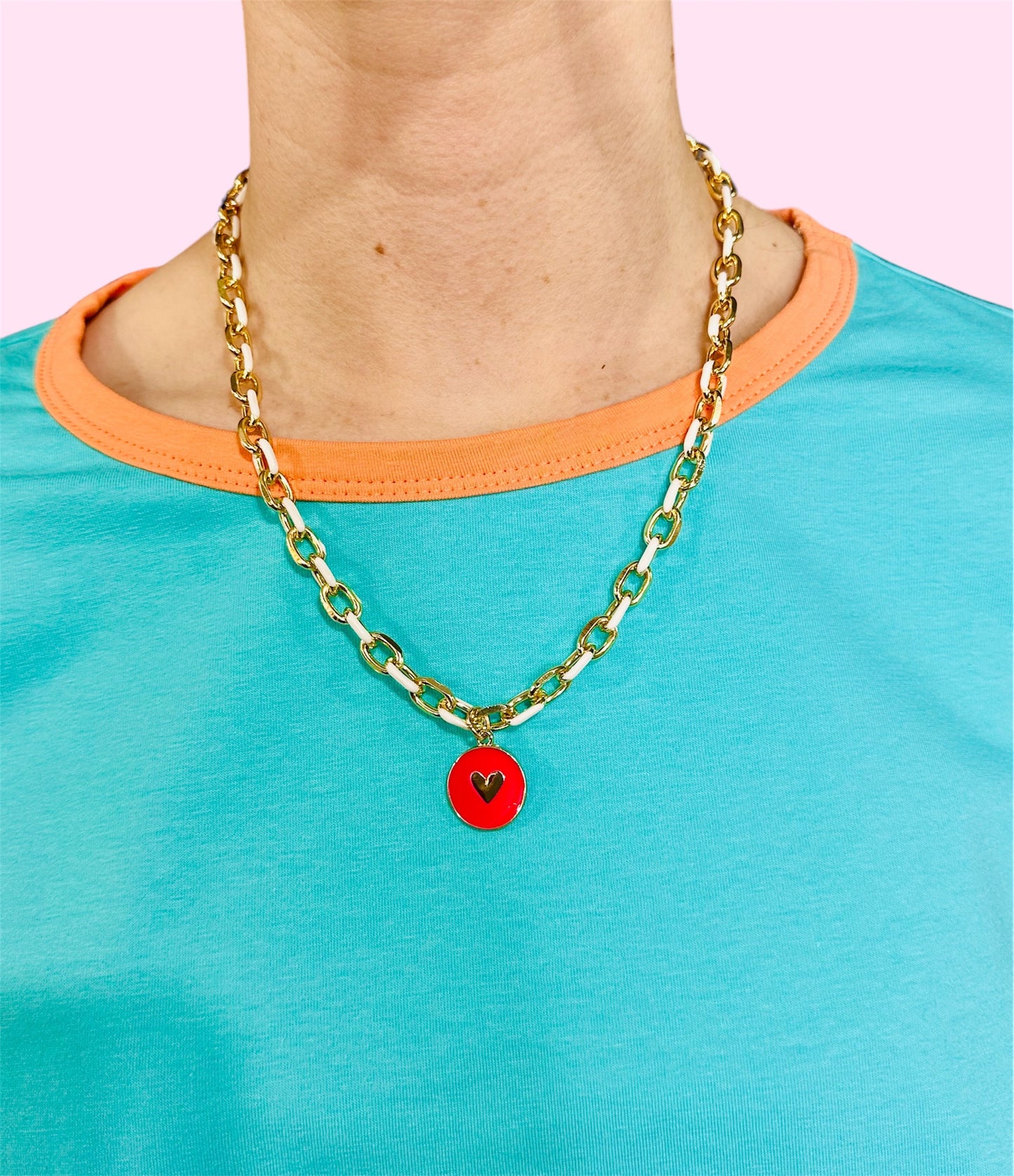 White/Gold Chain w/Hot Pink Heart Disc Necklace