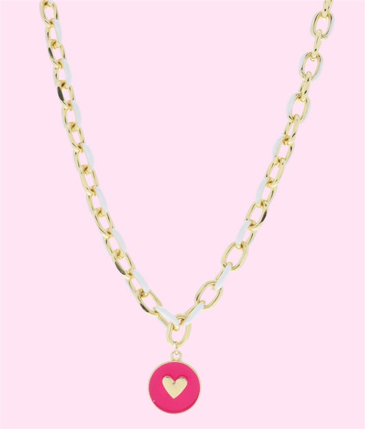 White/Gold Chain w/Hot Pink Heart Disc Necklace