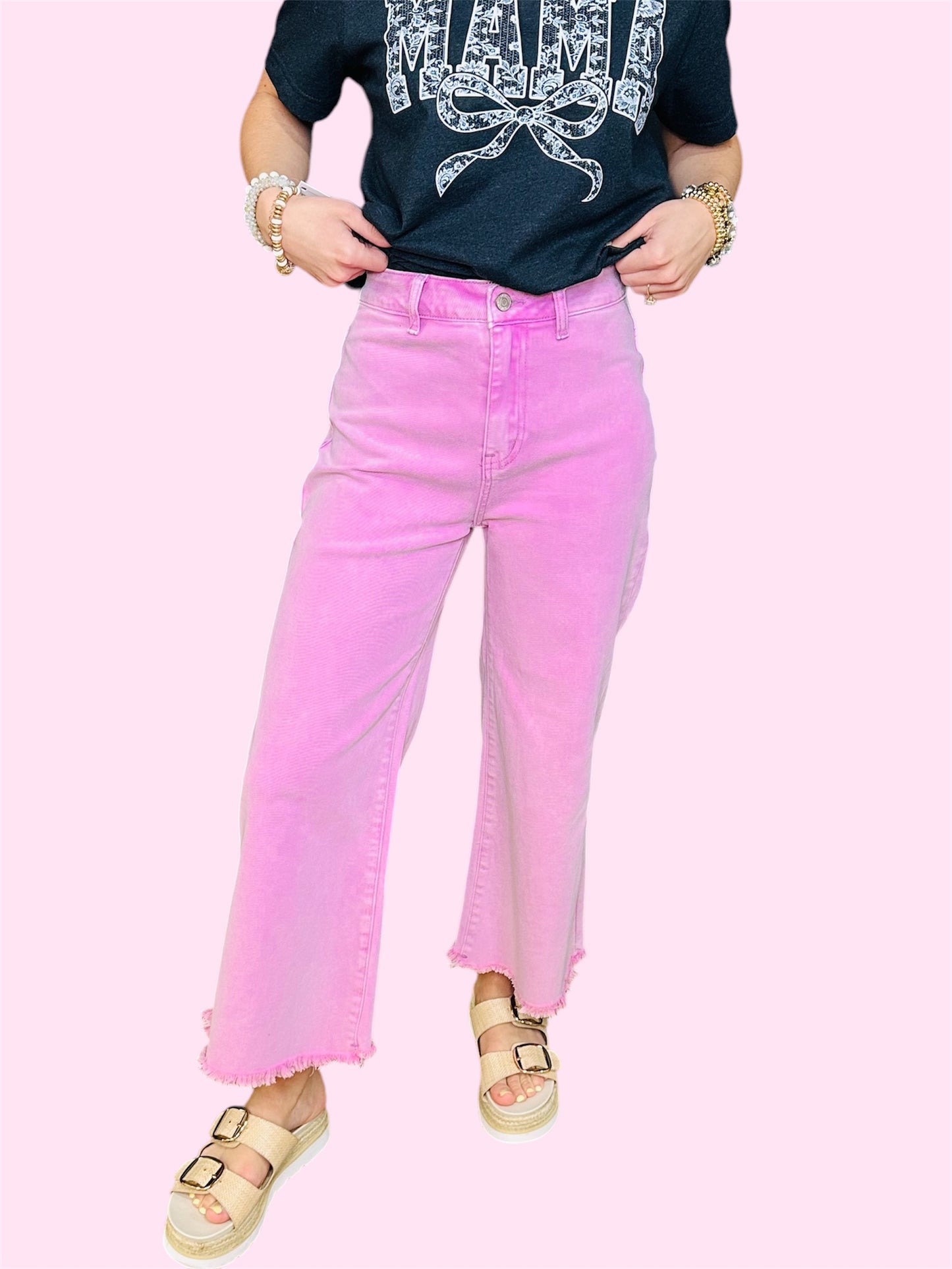 Acid Washed High Waist Frayed Hem Pants-Mauve