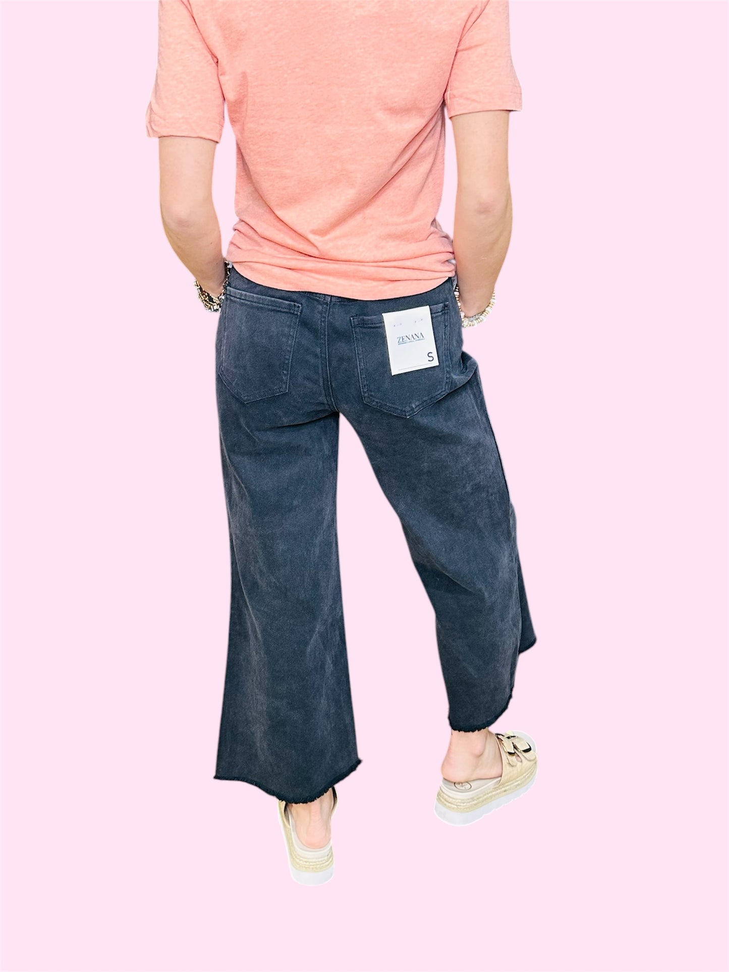 Acid Washed High Waist Frayed Hem Pants-Black