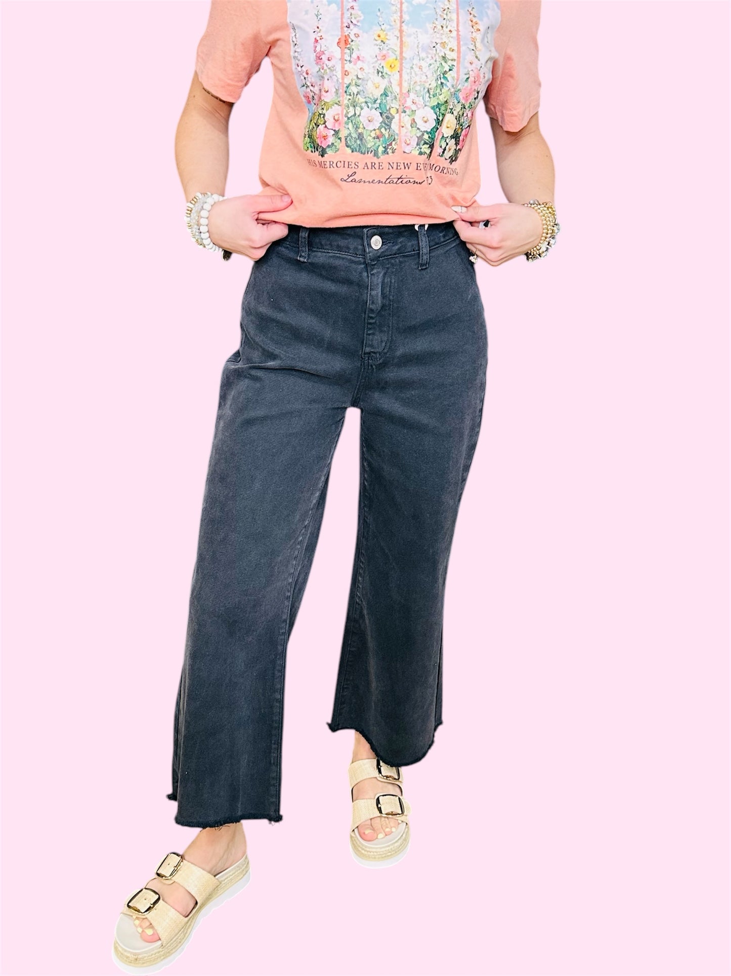 Acid Washed High Waist Frayed Hem Pants-Black