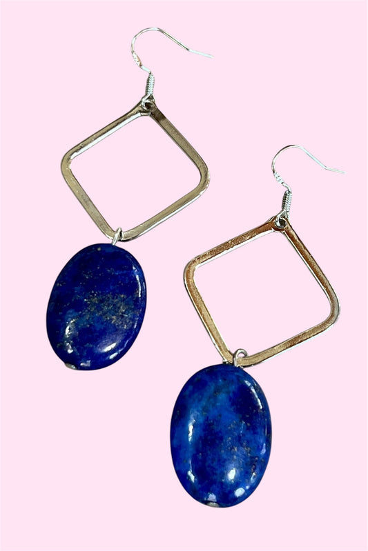 Square Hoop Earring w/Blue Stone