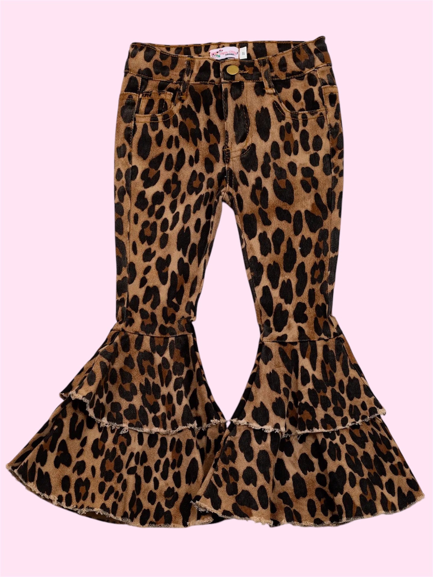 Frayed Double Bell Bottom Girls Jeans-Cheetah