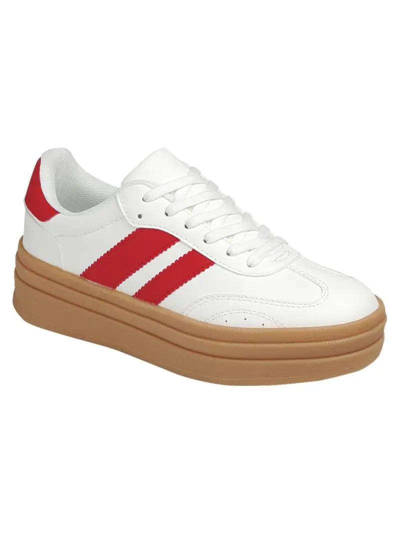 White sneaker with red stripes and tan platform gum sole.