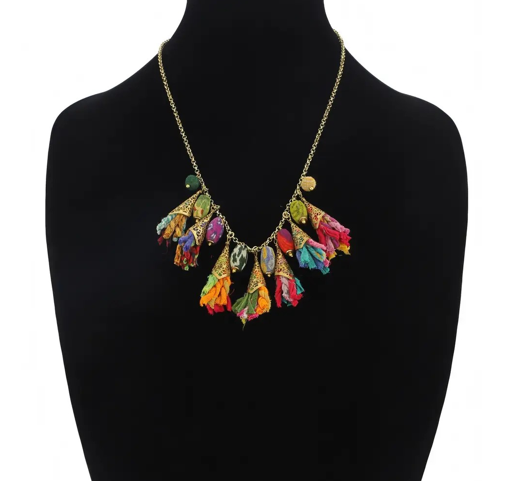 Handmade Cotton & Brass Multi-tassel Necklace with Bead Accents