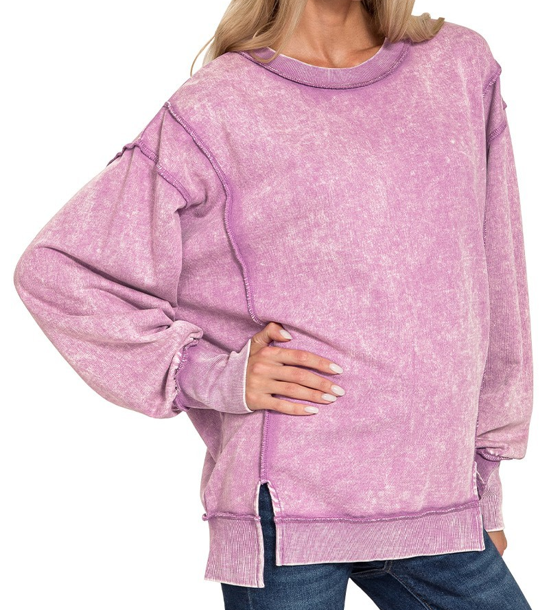 Acid Washed Hi-Low Pullover-Violet