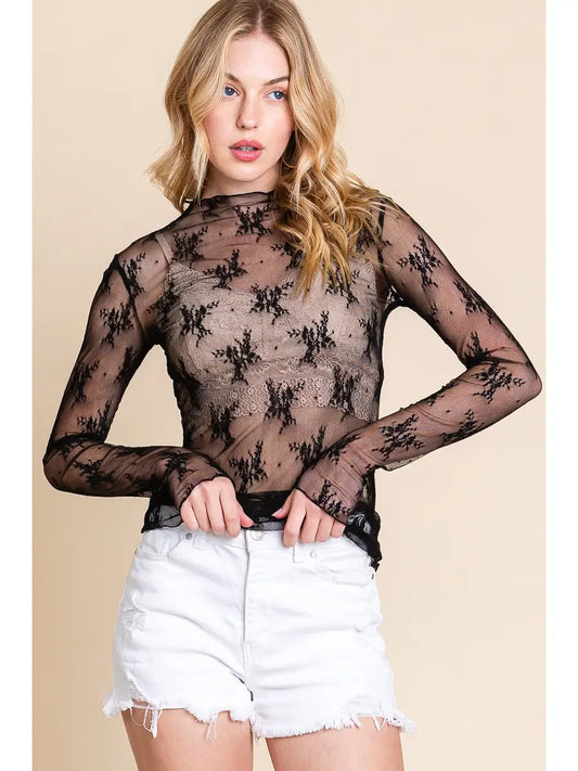 Sheer Elegance Lace Long Sleeve Top- Plus