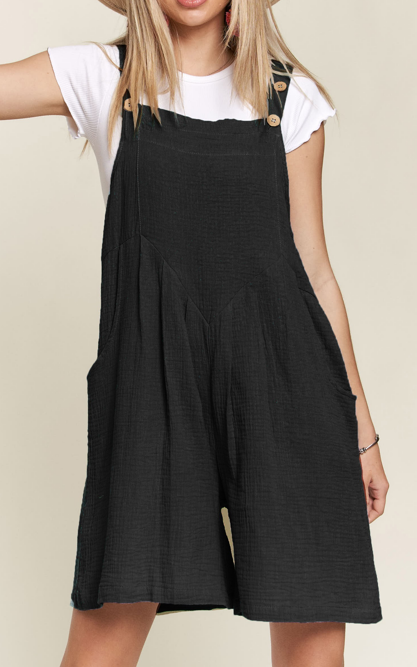 Wide Leg Short Overalls-Vintage Black