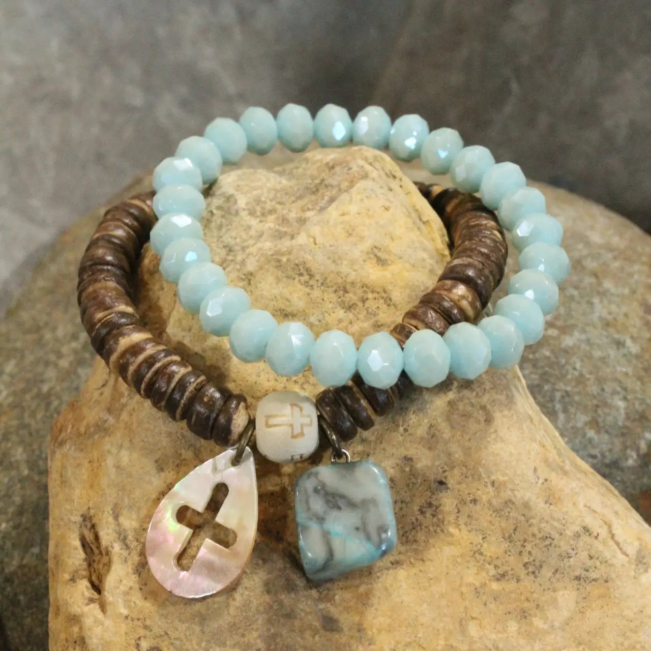 Faith and Earth bracelet set with aqua glass beads, wood discs, and cross charm.