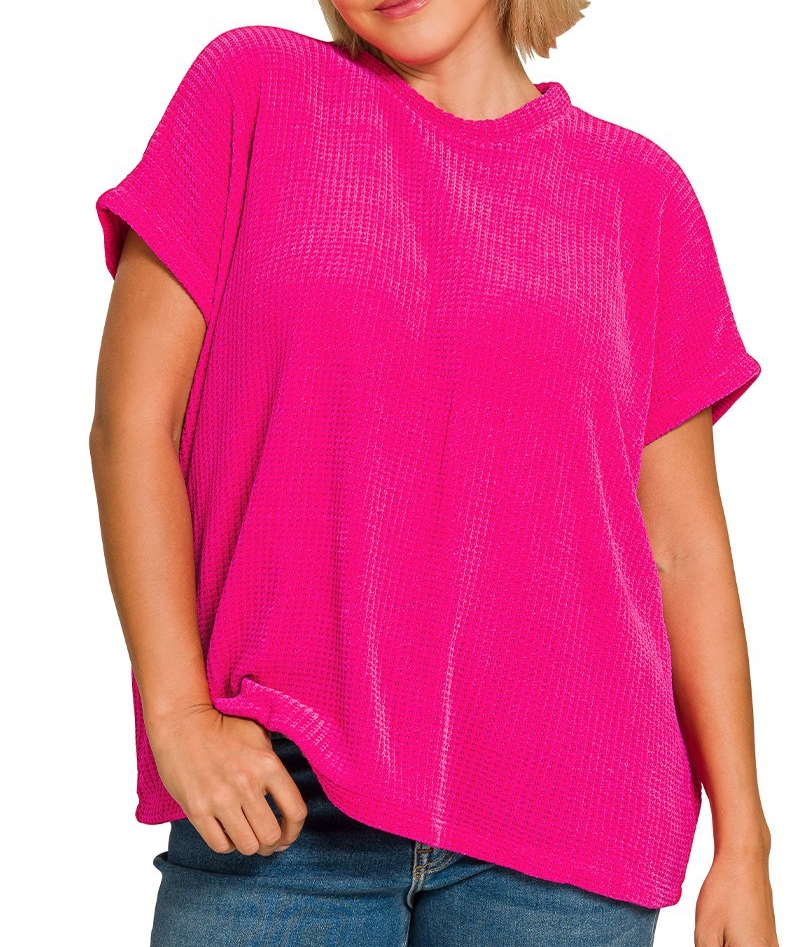 PLUS Chenille Waffle Cap Sleeve Sweater-Hot Pink