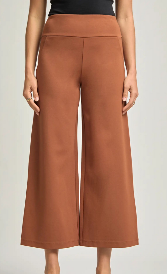 Rust cropped wide leg pants with pull-on waistband, shown on model