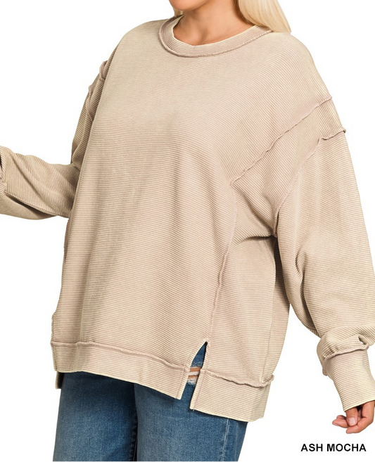 Acid Washed Ribbed Exposed Seam Pullover-Ash Mocha