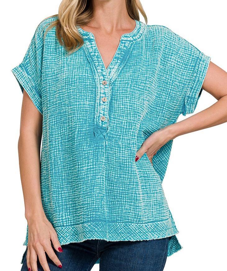 Washed Gauze 3/4 Button Henley-Lt. Teal