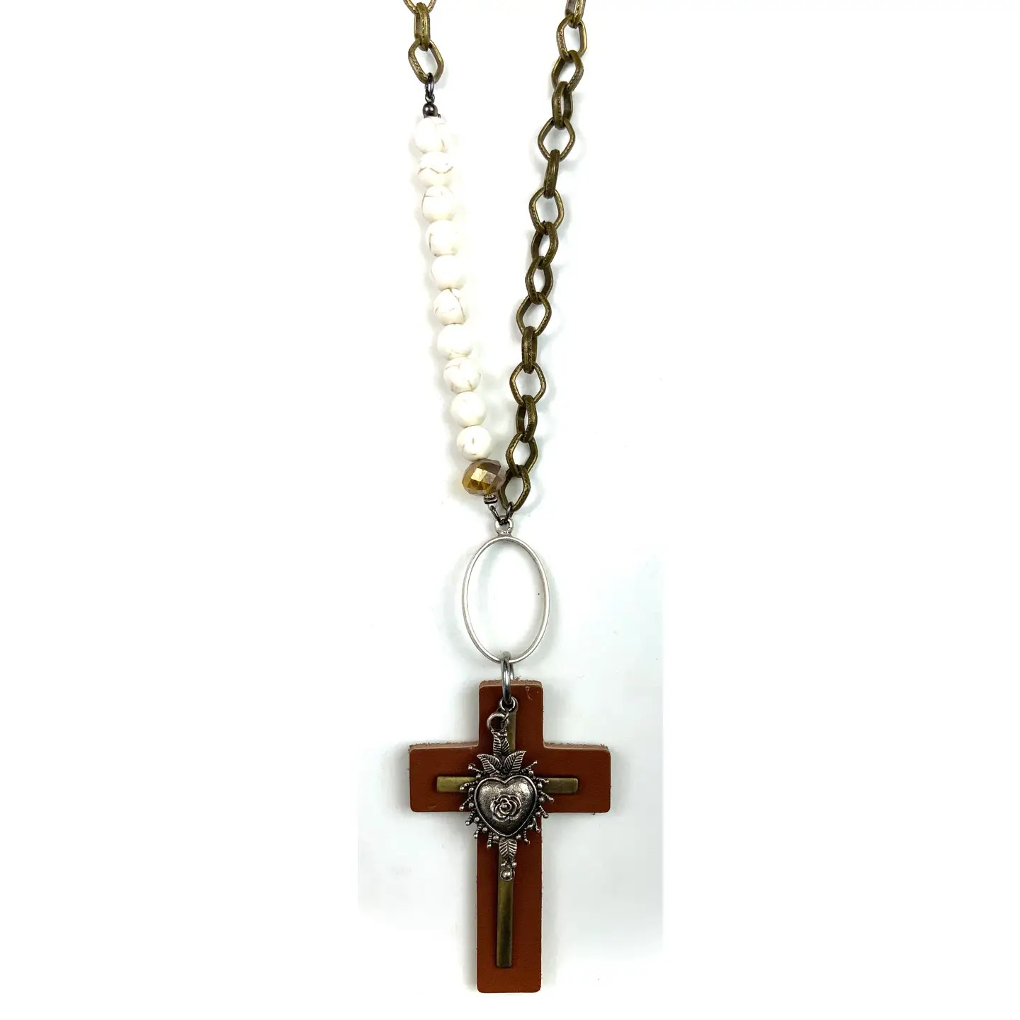 Metal & Pearl Necklace w/Large Leather Cross