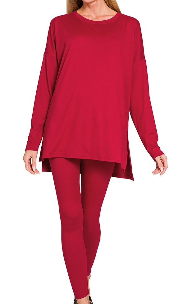 Buttery Soft Long Sleeve Lounge Set-Dark Red