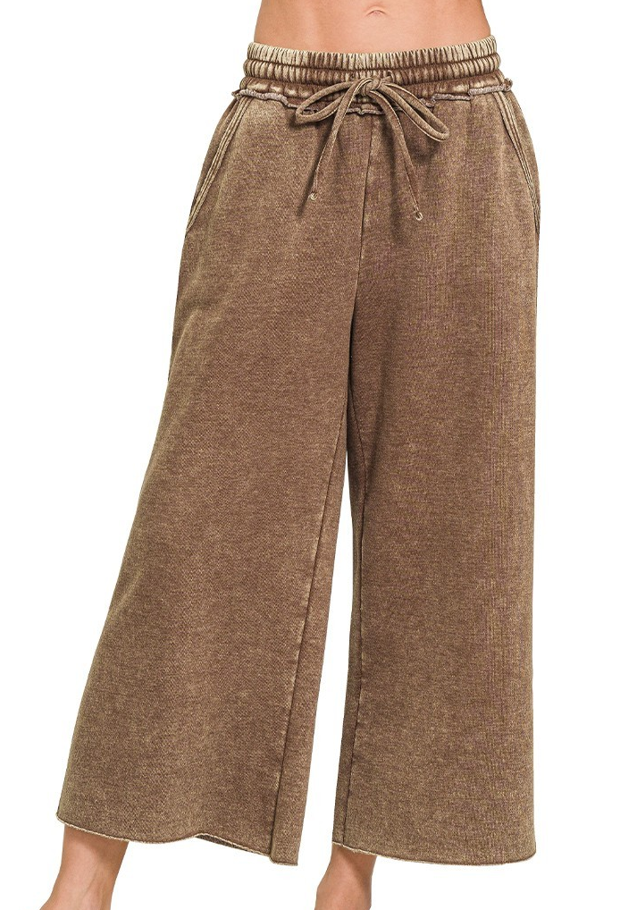 Acid Wash Palazzo Sweatpants-Brown