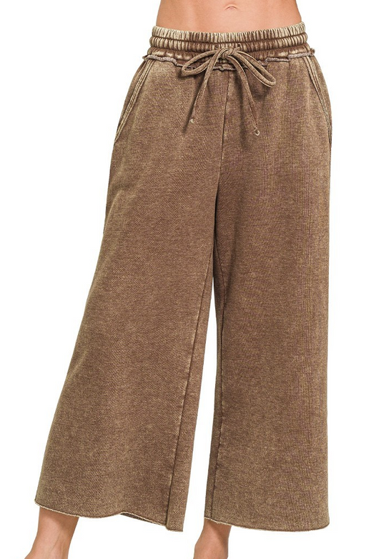 Acid Wash Palazzo Sweatpants-Brown