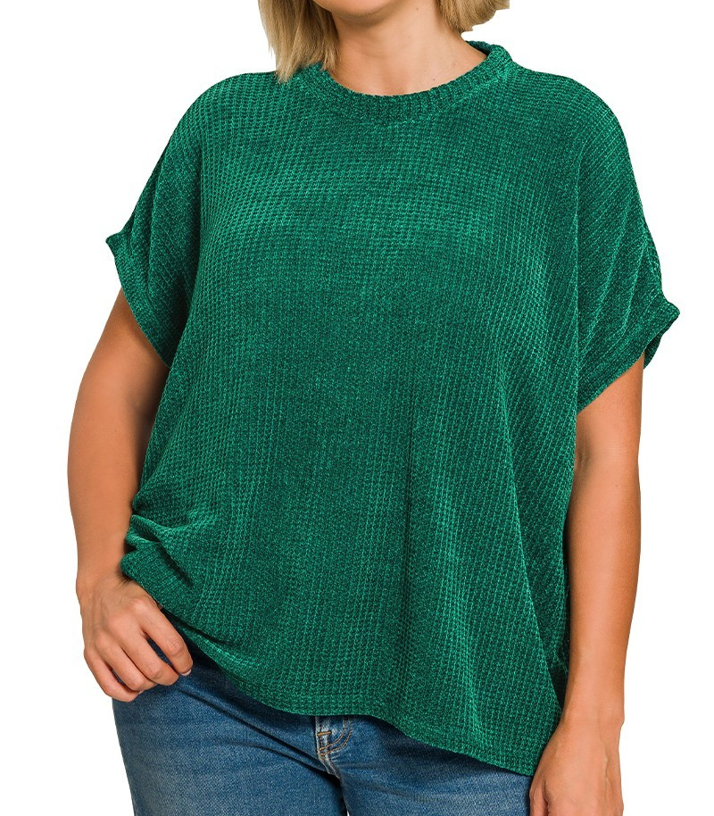 PLUS Chenille Waffle Cap Sleeve Sweater-Hunter Green