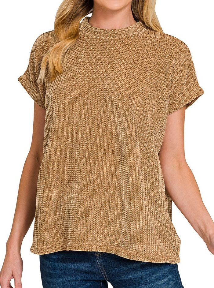 Chenille Waffle Cap Sleeve Sweater-Deep Camel