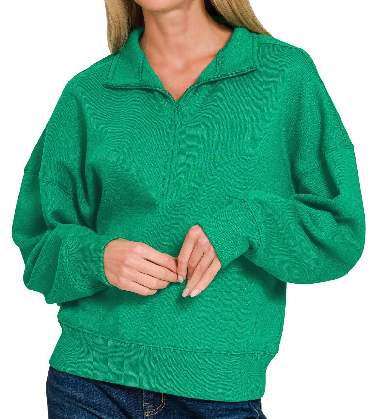 Fleece half-zip pullover with relaxed fit and ribbed cuffs and hem.