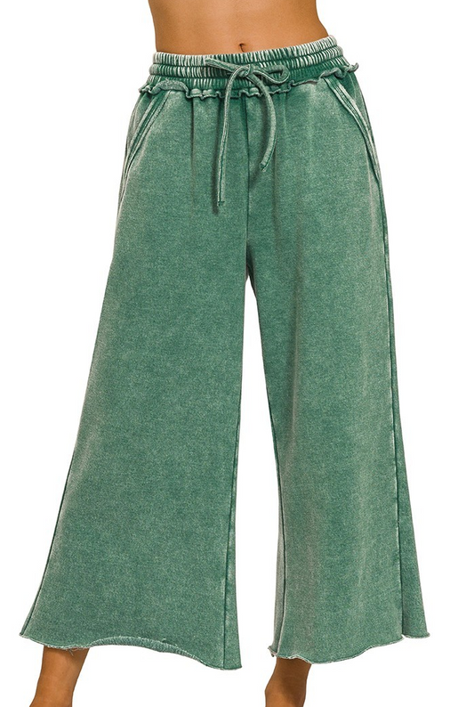 Acid Wash Palazzo Sweatpants-Green